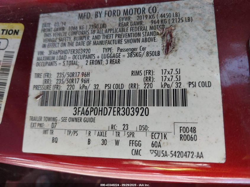 2014 Ford Fusion Se VIN: 3FA6P0HD7ER303920 Lot: 43340224