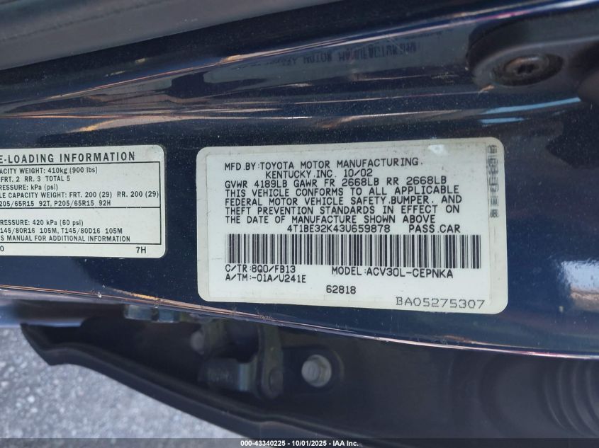 2003 Toyota Camry Le VIN: 4T1BE32K43U659878 Lot: 43340225