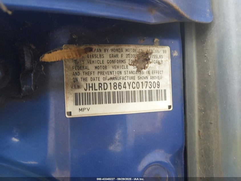 2000 Honda Cr-V Ex VIN: JHLRD1864YC017309 Lot: 43340227