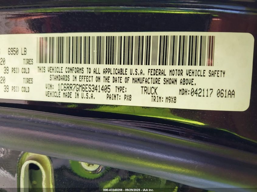 2014 Ram 1500 Big Horn VIN: 1C6RR7GM6ES341405 Lot: 43340256