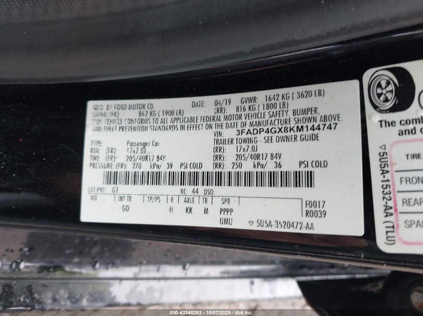 2019 Ford Fiesta St VIN: 3FADP4GX8KM144747 Lot: 43340263