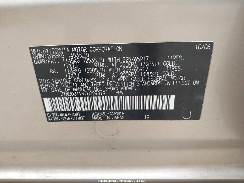 2007 Toyota Rav4 Limited VIN: JTMBD31V976029819 Lot: 43340264