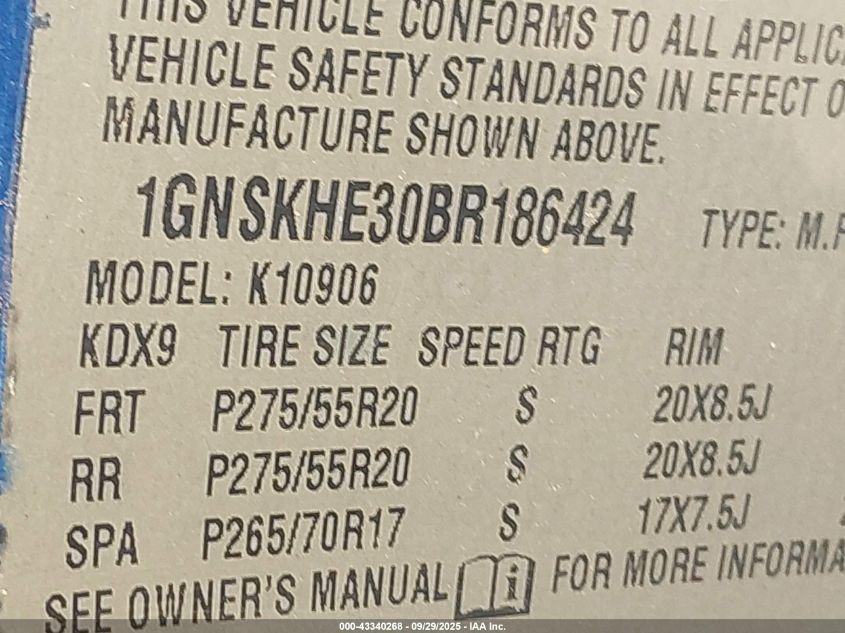 2011 Chevrolet Suburban 1500 Ls VIN: 1GNSKHE30BR186424 Lot: 43340268