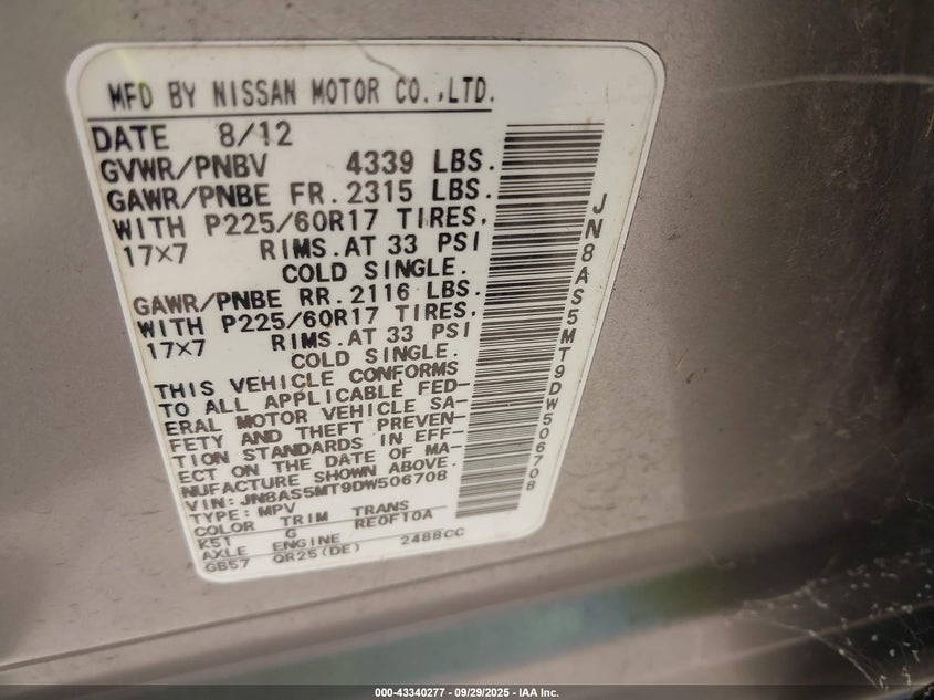 2013 Nissan Rogue Sv VIN: JN8AS5MT9DW506708 Lot: 43340277