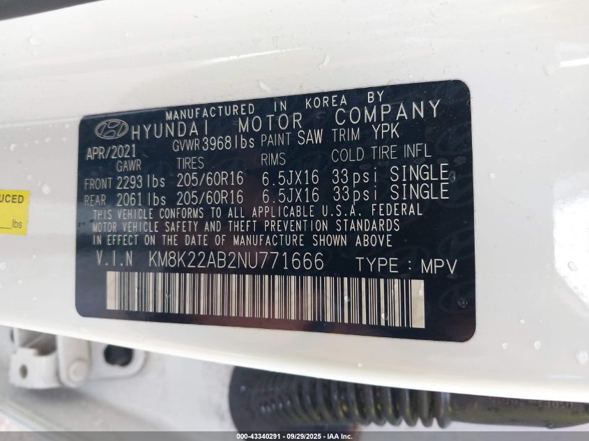 2022 Hyundai Kona Se VIN: KM8K22AB2NU771666 Lot: 43340291