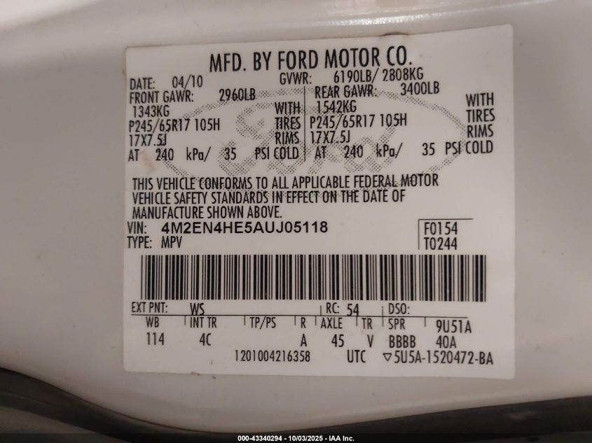 2010 Mercury Mountaineer VIN: 4M2EN4HE5AUJ05118 Lot: 43340294