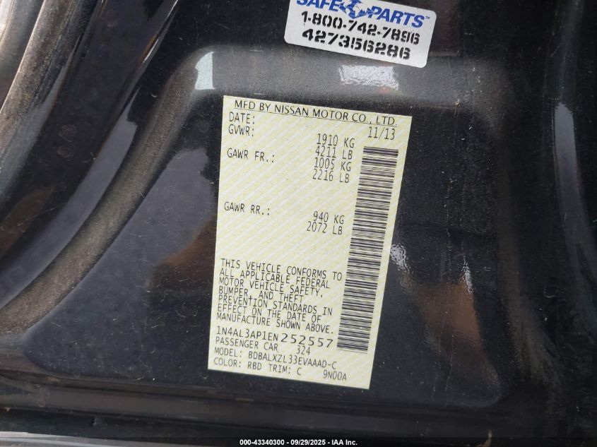 2014 Nissan Altima 2.5 Sl VIN: 1N4AL3AP1EN252557 Lot: 43340300