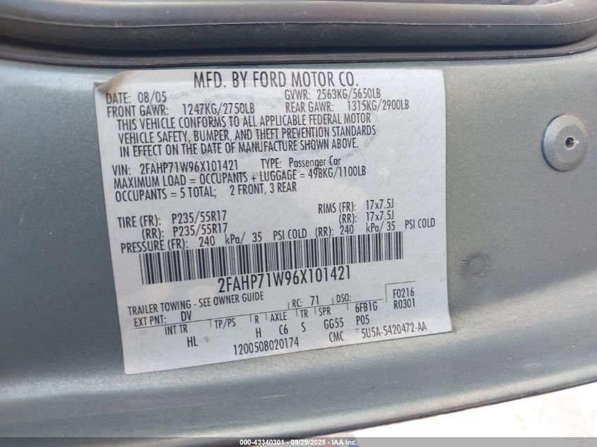 2006 Ford Crown Victoria Police/Police Interceptor VIN: 2FAHP71W96X101421 Lot: 43340301