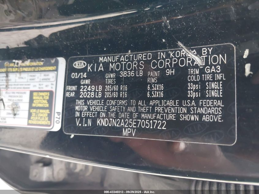 2014 Kia Soul VIN: KNDJN2A25E7051722 Lot: 43340313