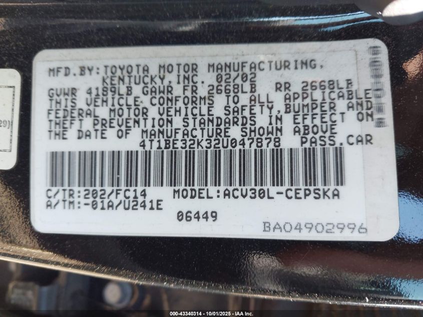 2002 Toyota Camry Se VIN: 4T1BE32K32U047878 Lot: 43340314