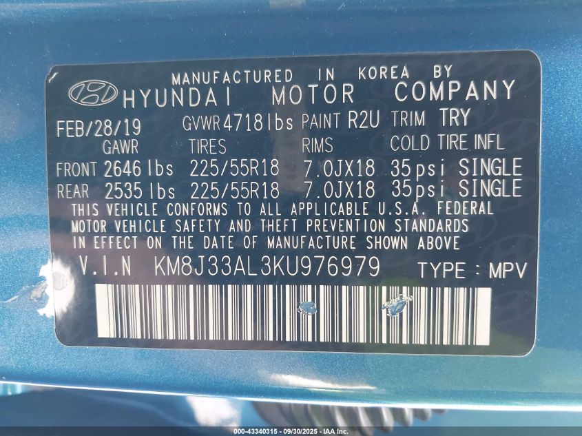 2019 Hyundai Tucson Limited VIN: KM8J33AL3KU976979 Lot: 43340315