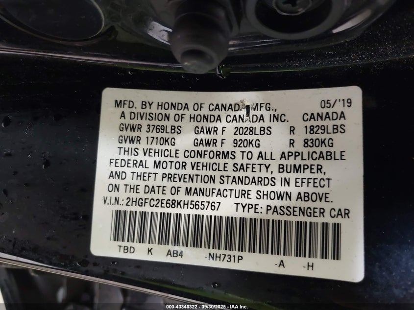 2019 HONDA CIVIC LX - 2HGFC2E68KH565767