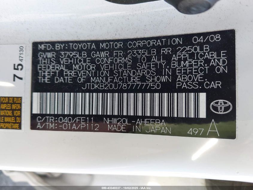 2008 Toyota Prius Standard VIN: JTDKB20U787777750 Lot: 43340337