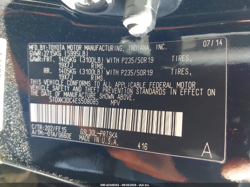 2014 Toyota Sienna Se 8 Passenger VIN: 5TDXK3DC4ES508085 Lot: 43340342