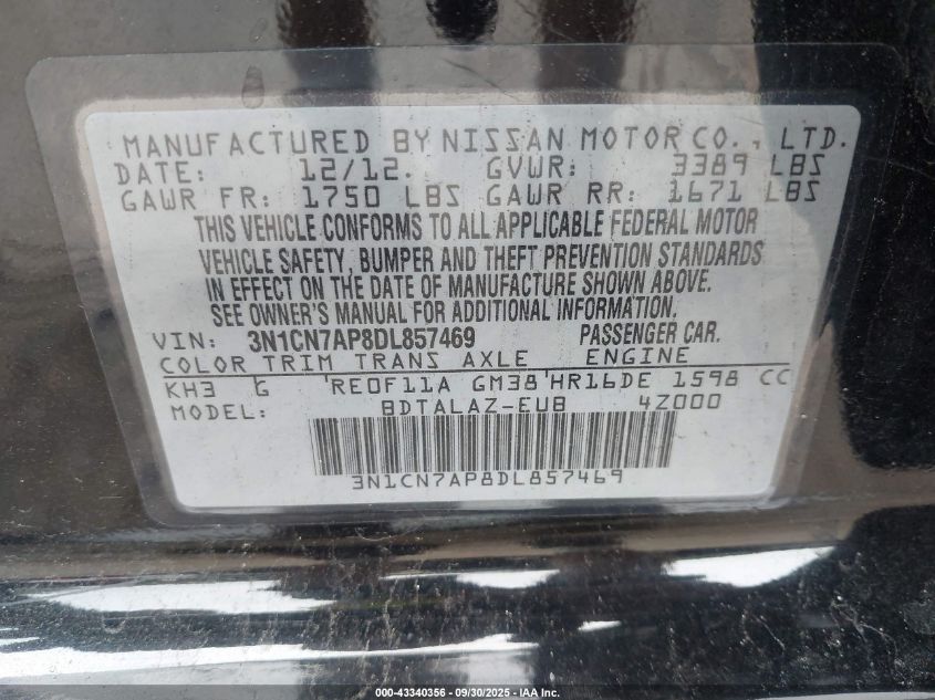 2013 Nissan Versa 1.6 S VIN: 3N1CN7AP8DL857469 Lot: 43340356