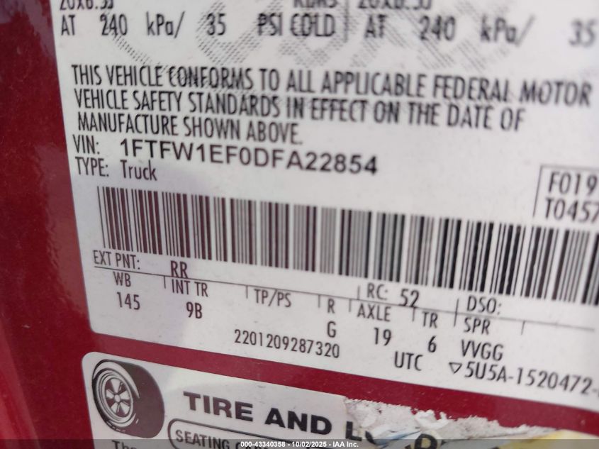 2013 Ford F-150 Platinum VIN: 1FTFW1EF0DFA22854 Lot: 43340358