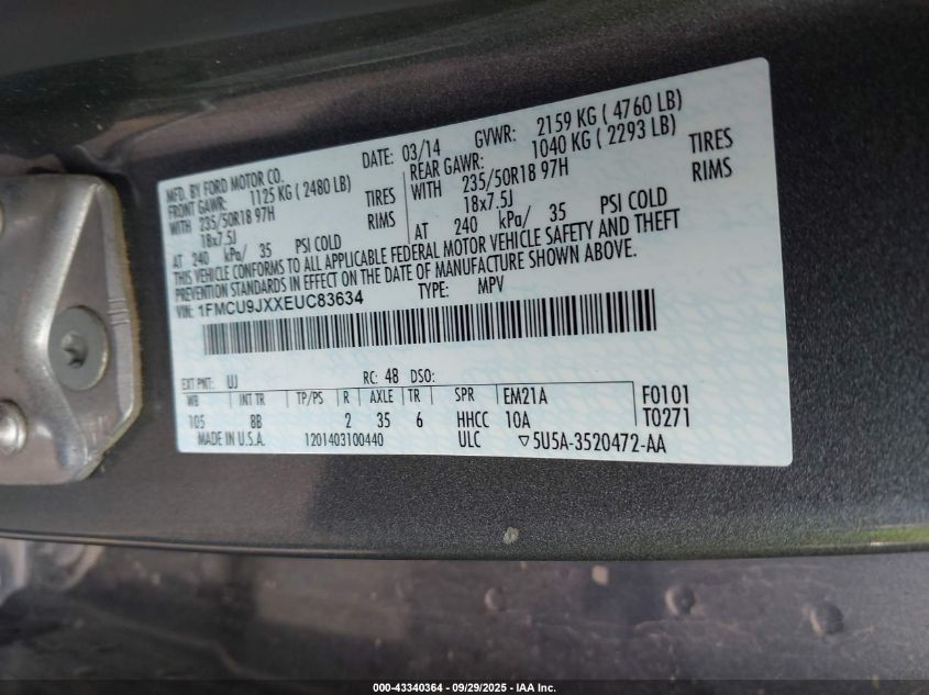 2014 Ford Escape Titanium VIN: 1FMCU9JXXEUC83634 Lot: 43340364