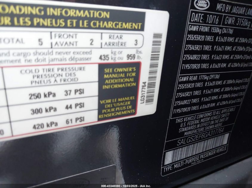 2016 Land Rover Range Rover 5.0L V8 Supercharged VIN: SALGS2EF6GA317764 Lot: 43340380