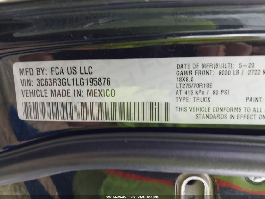 2020 Ram 3500 VIN: 3C63R3GL1LG195876 Lot: 43340390