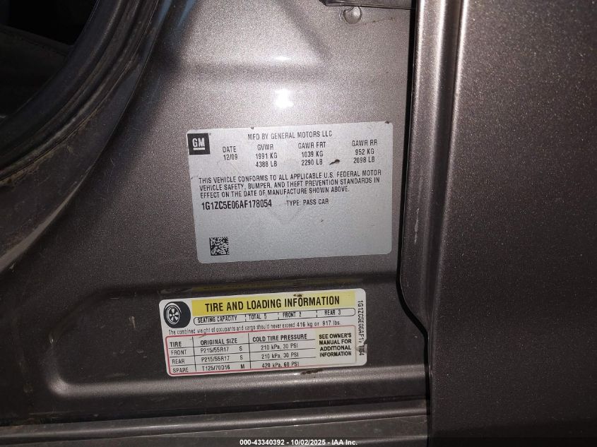 2010 Chevrolet Malibu Lt VIN: 1G1ZC5E06AF178054 Lot: 43340392