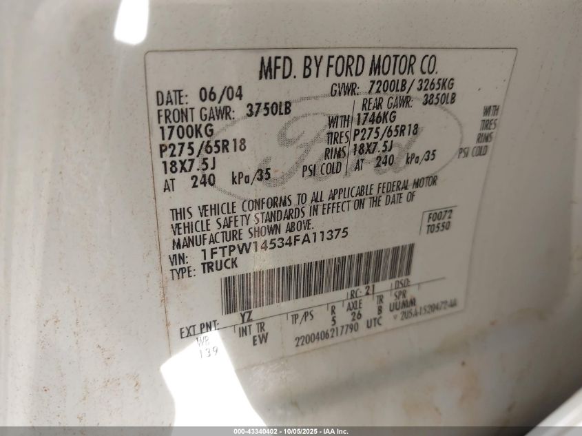 2004 Ford F-150 Fx4/Lariat/Xlt VIN: 1FTPW14534FA11375 Lot: 43340402