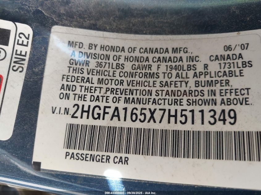 2007 Honda Civic Lx VIN: 2HGFA165X7H511349 Lot: 43340403