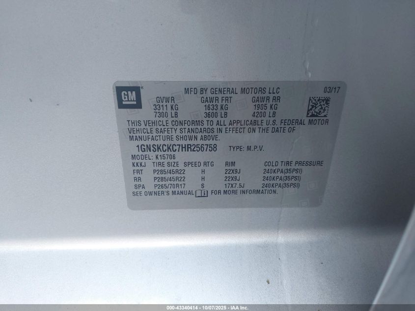 2017 Chevrolet Tahoe Premier VIN: 1GNSKCKC7HR256758 Lot: 43340414