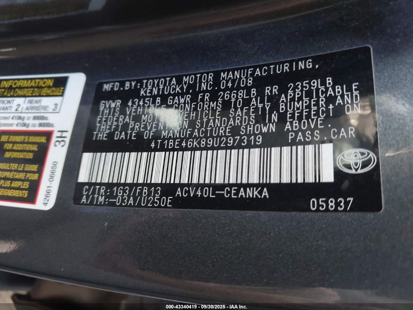 2009 Toyota Camry Le VIN: 4T1BE46K89U297319 Lot: 43340419