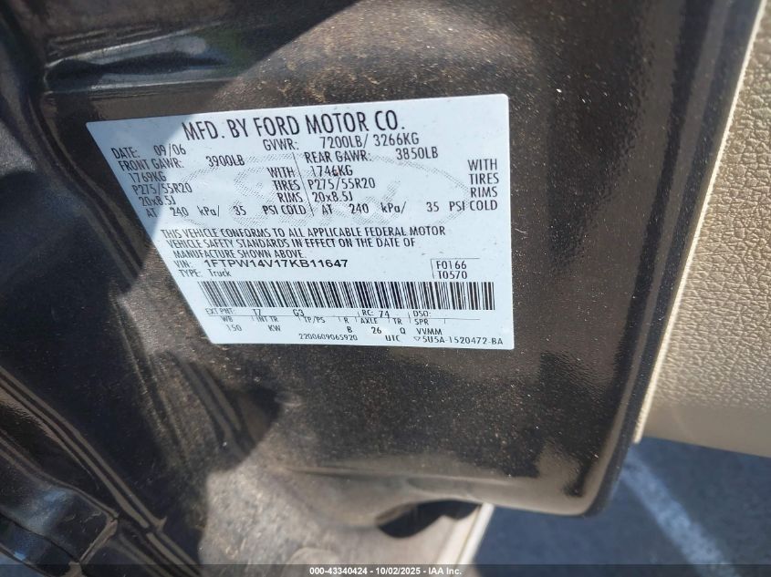 2007 Ford F-150 Fx4/Lariat/Xlt VIN: 1FTPW14V17KB11647 Lot: 43340424