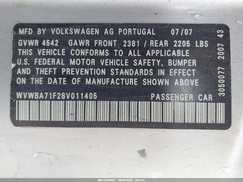 2008 Volkswagen Eos Komfort VIN: WVWBA71F28V011405 Lot: 43340427