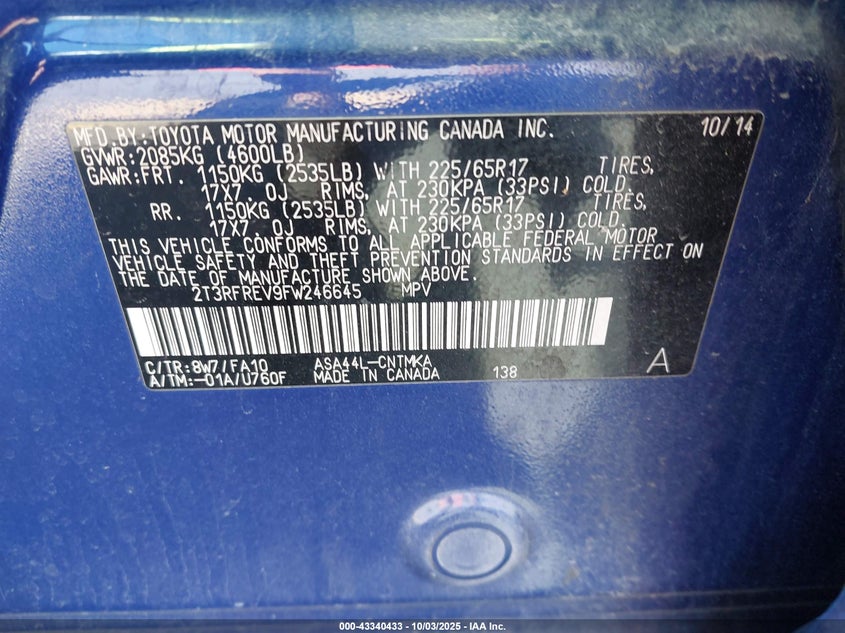 2015 TOYOTA RAV4 XLE 2T3RFREV9FW246645