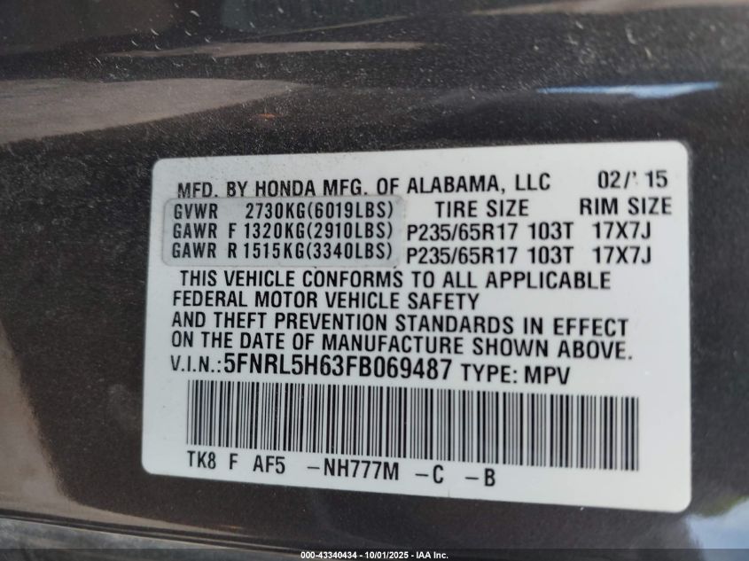 2015 Honda Odyssey Ex-L VIN: 5FNRL5H63FB069487 Lot: 43340434