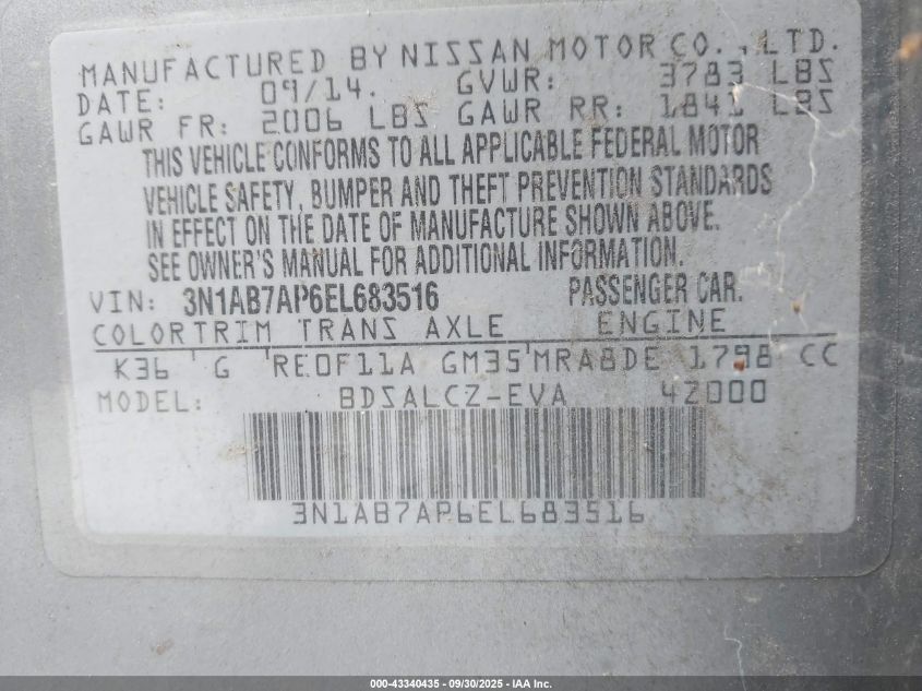 2014 Nissan Sentra S VIN: 3N1AB7AP6EL683516 Lot: 43340435