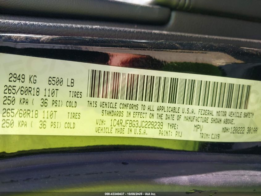 2018 Jeep Grand Cherokee Limited 4X4 VIN: 1C4RJFBG3JC229239 Lot: 43340437