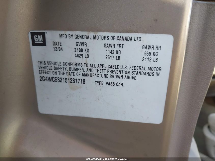 2005 Buick Lacrosse Cx VIN: 2G4WC532151231718 Lot: 43340441