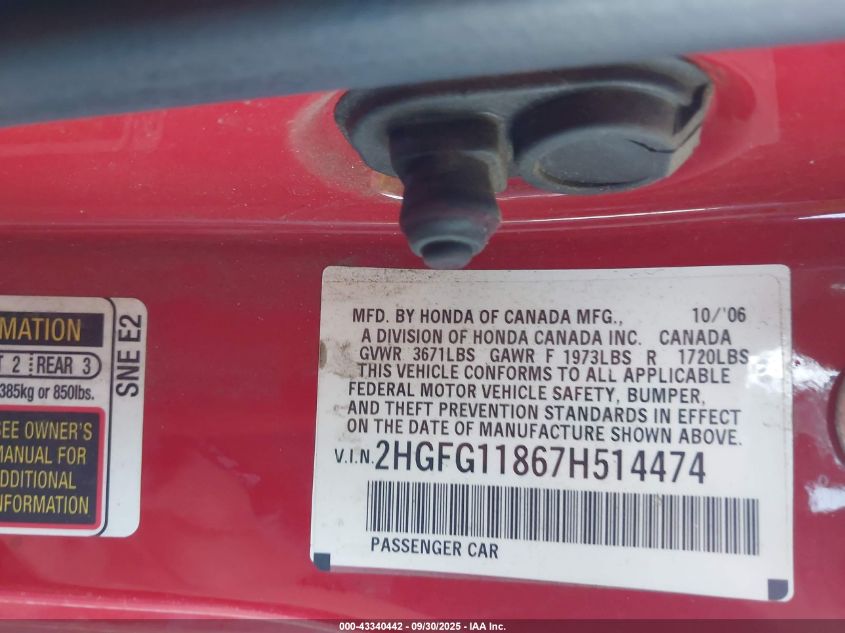 2007 Honda Civic Ex VIN: 2HGFG11867H514474 Lot: 43340442