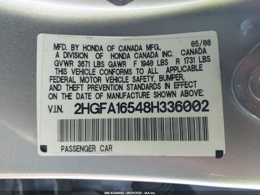 2008 Honda Civic Lx VIN: 2HGFA16548H336002 Lot: 43340452