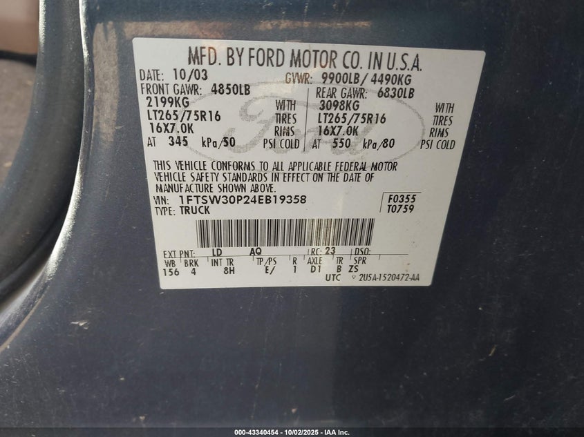 2004 Ford F-350 Lariat/Xl/Xlt VIN: 1FTSW30P24EB19358 Lot: 43340454