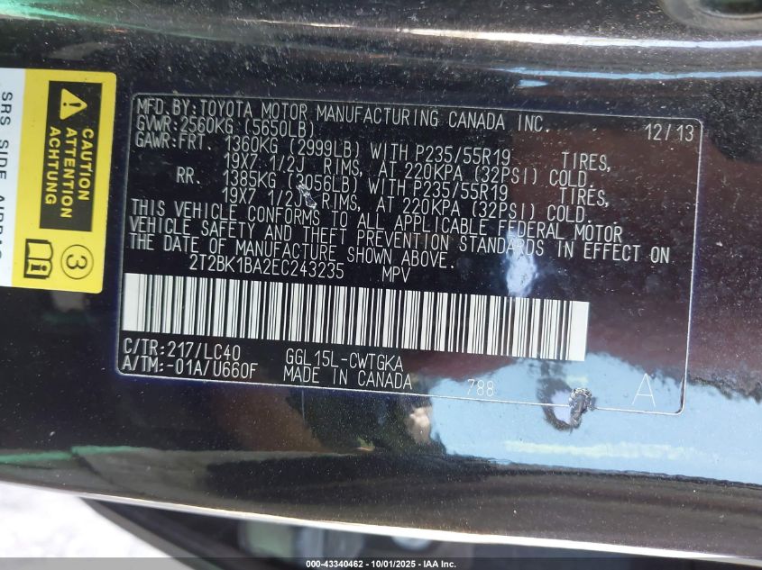 2014 Lexus Rx 350 VIN: 2T2BK1BA2EC243235 Lot: 43340462