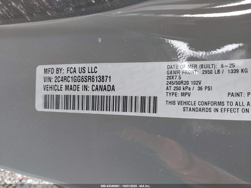 2025 Chrysler Pacifica Limited VIN: 2C4RC1GG6SR613871 Lot: 43340461