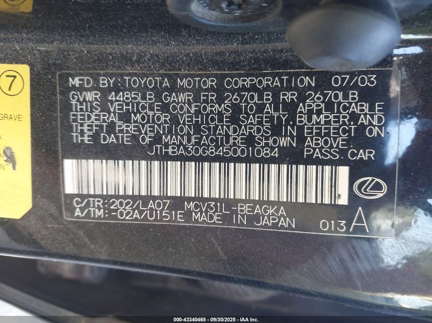 2004 Lexus Es 330 VIN: JTHBA30G845001084 Lot: 43340468