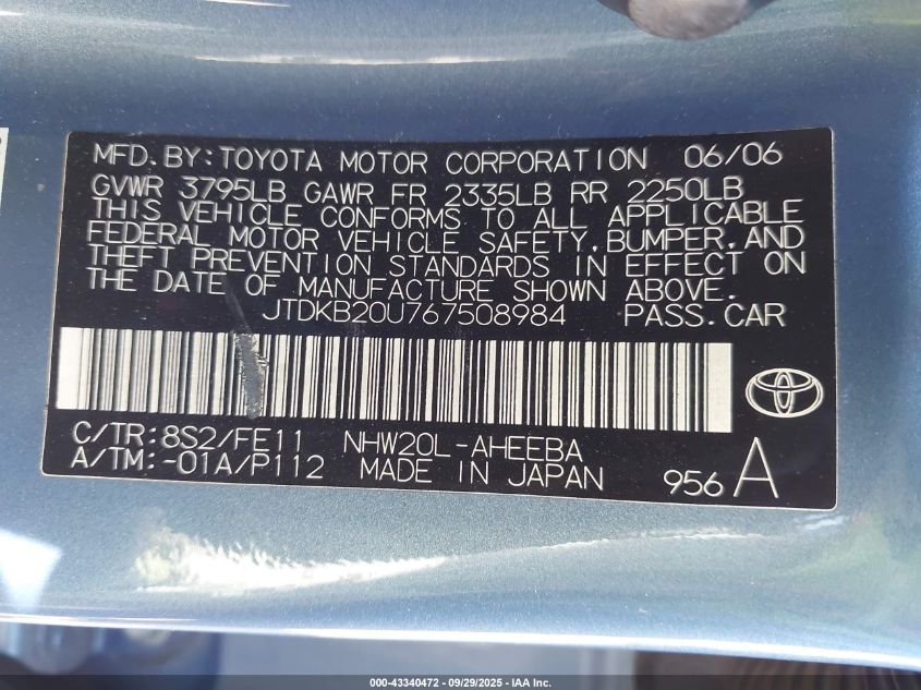 2006 Toyota Prius VIN: JTDKB20U767508984 Lot: 43340472