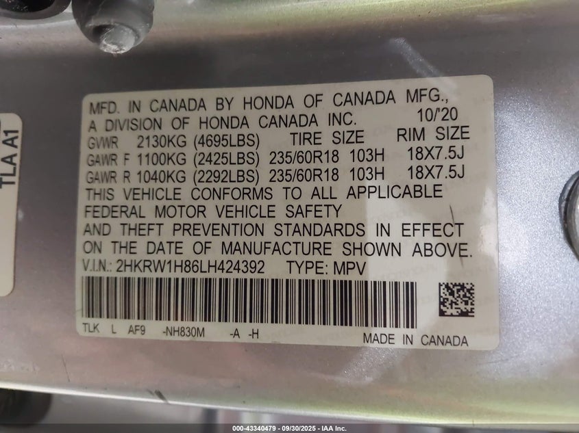 2020 HONDA CR-V 2WD EX-L - 2HKRW1H86LH424392