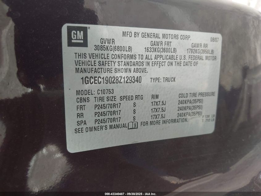 2008 Chevrolet Silverado 1500 Lt1 VIN: 1GCEC19028Z129340 Lot: 43340487