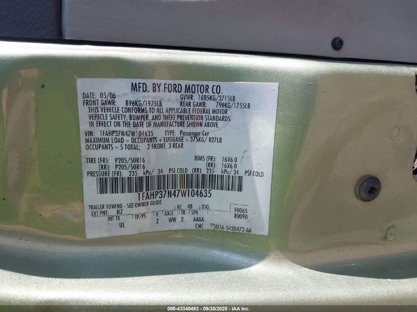 2007 Ford Focus S/Se/Ses VIN: 1FAHP37N47W104635 Lot: 43340493