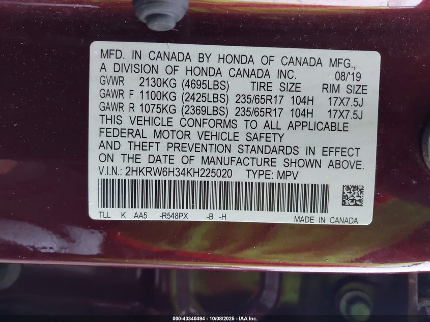 2019 HONDA CR-V LX 2HKRW6H34KH225020