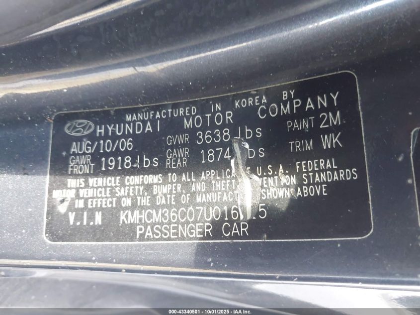 2007 Hyundai Accent Gs VIN: KMHCM36C07U016315 Lot: 43340501