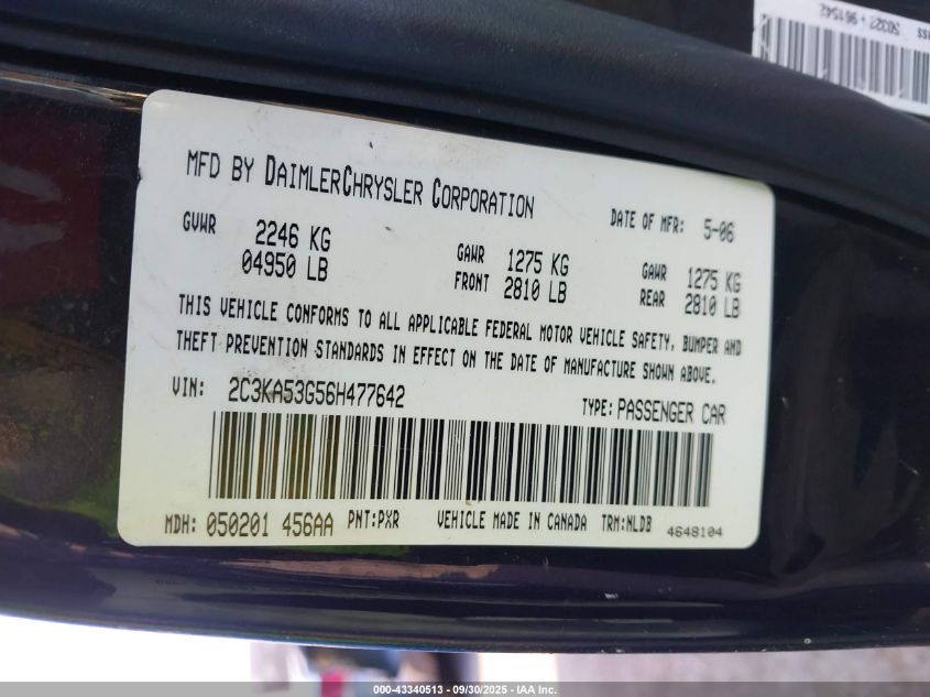 2006 Chrysler 300 Touring VIN: 2C3KA53G56H477642 Lot: 43340513