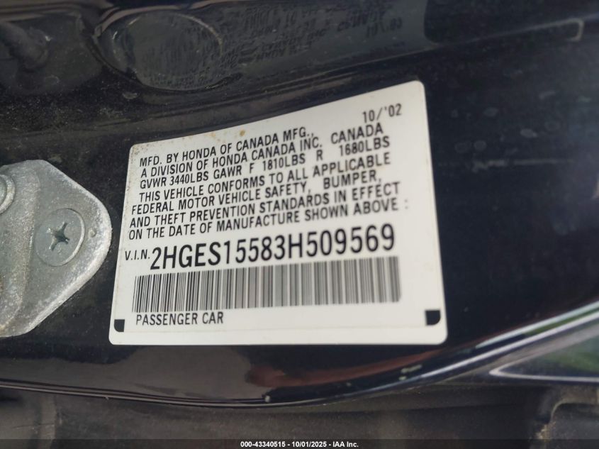 2003 Honda Civic Lx VIN: 2HGES15583H509569 Lot: 43340515