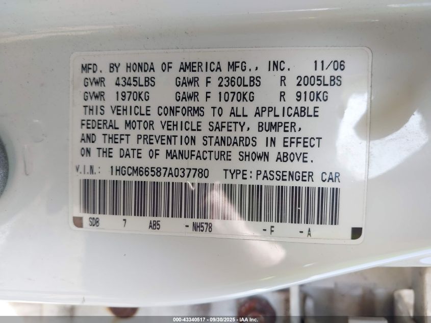 2007 Honda Accord 3.0 Ex VIN: 1HGCM66587A037780 Lot: 43340517